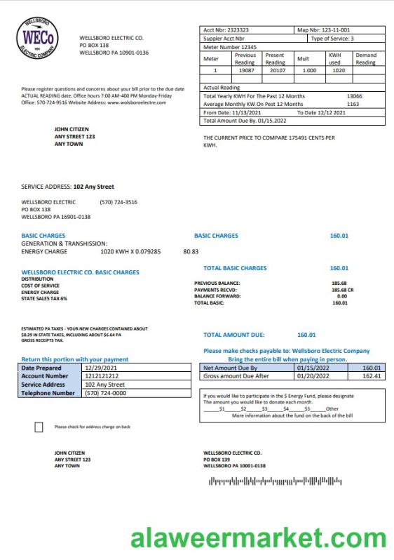 USA Pennsylvania Wellsboro Electric utility bill template in Word and PDF format